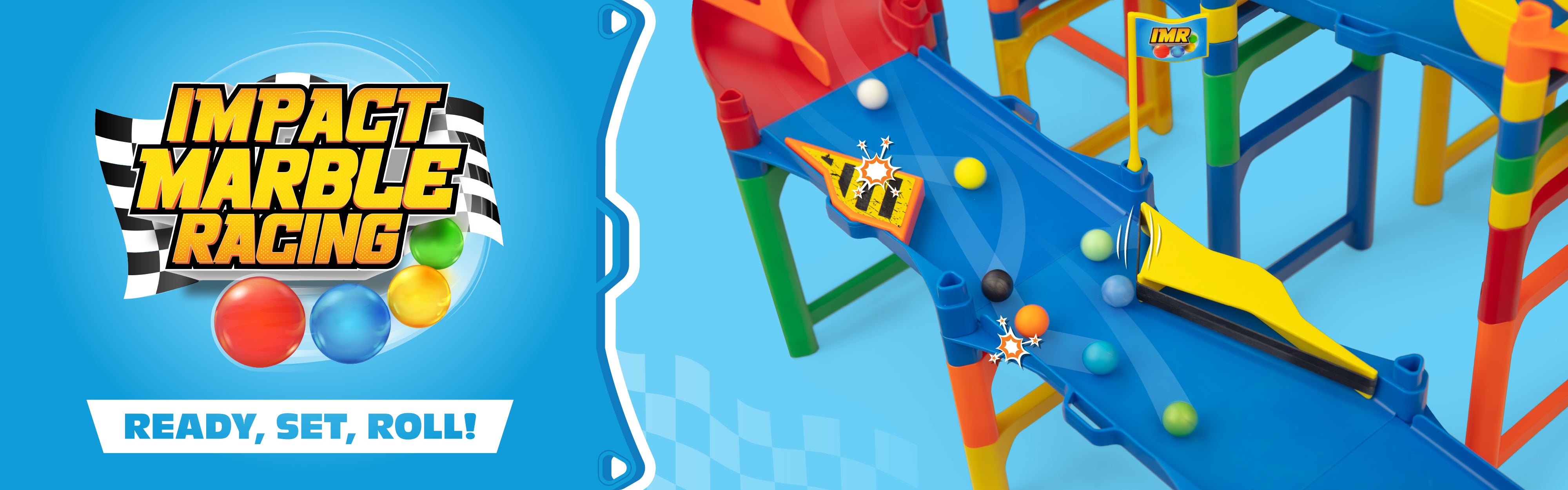 Impact Marble Racing bounce ready set roll main track banner
