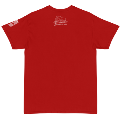 Red tech shirt back bulk dominoes style logo smaller stack em high let em fly