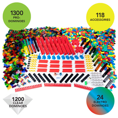 Atwood Toys Bulk Dominoes Super Mega Kit infographic showing 1,300 Pro Dominoes, 1,200 Clear Dominoes, 24 Electro Dominoes, and 118 accessories for massive domino builds and toppling