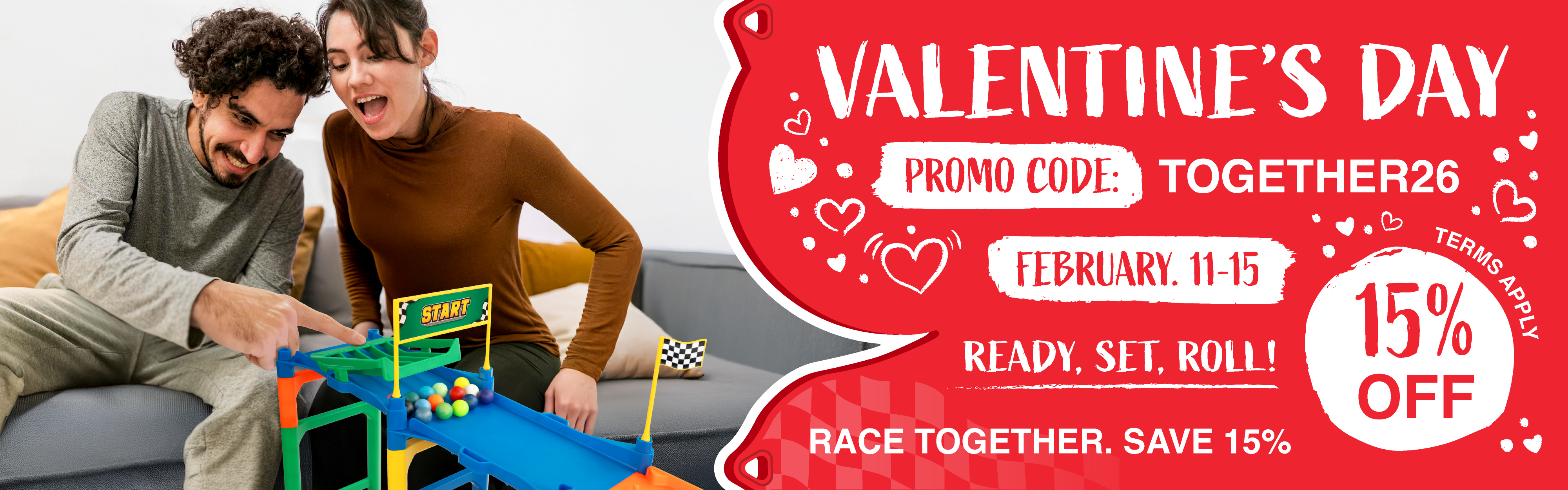 Valentines Day 2026 Desktop banner use code together26 to save fifteen percent off anything not already on sale